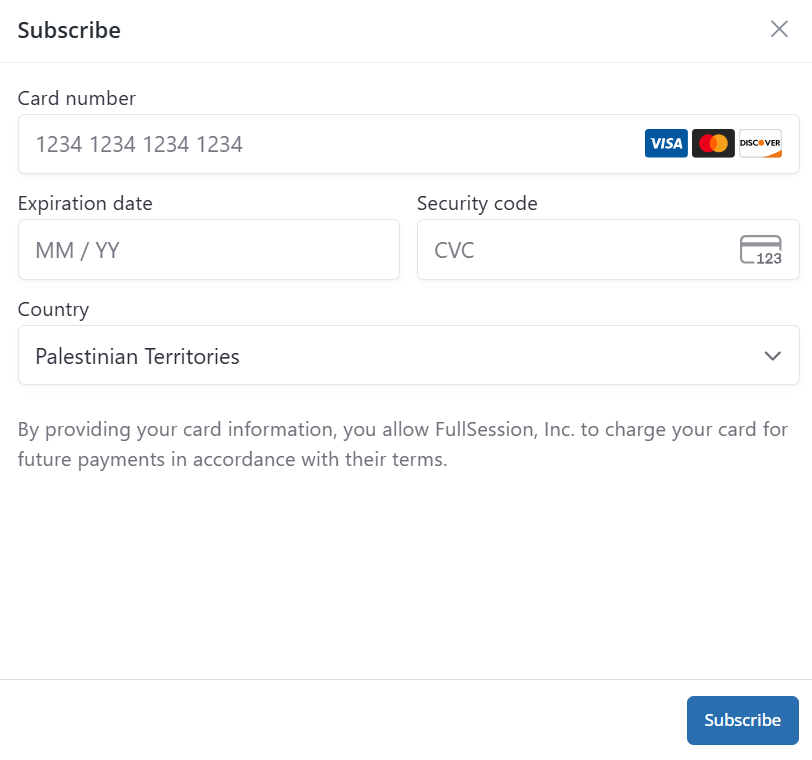 FullSession Stripe payment form showing secure card entry and the saved card displayed with brand and last four digits.