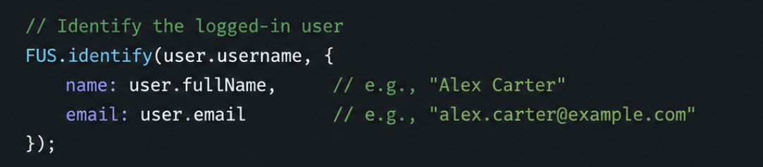 FullSession integration showing a FUS.identify() call added to the post-login handler to identify users.